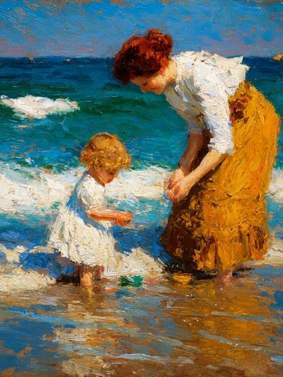 Mother and Child at the Shore Print. poster