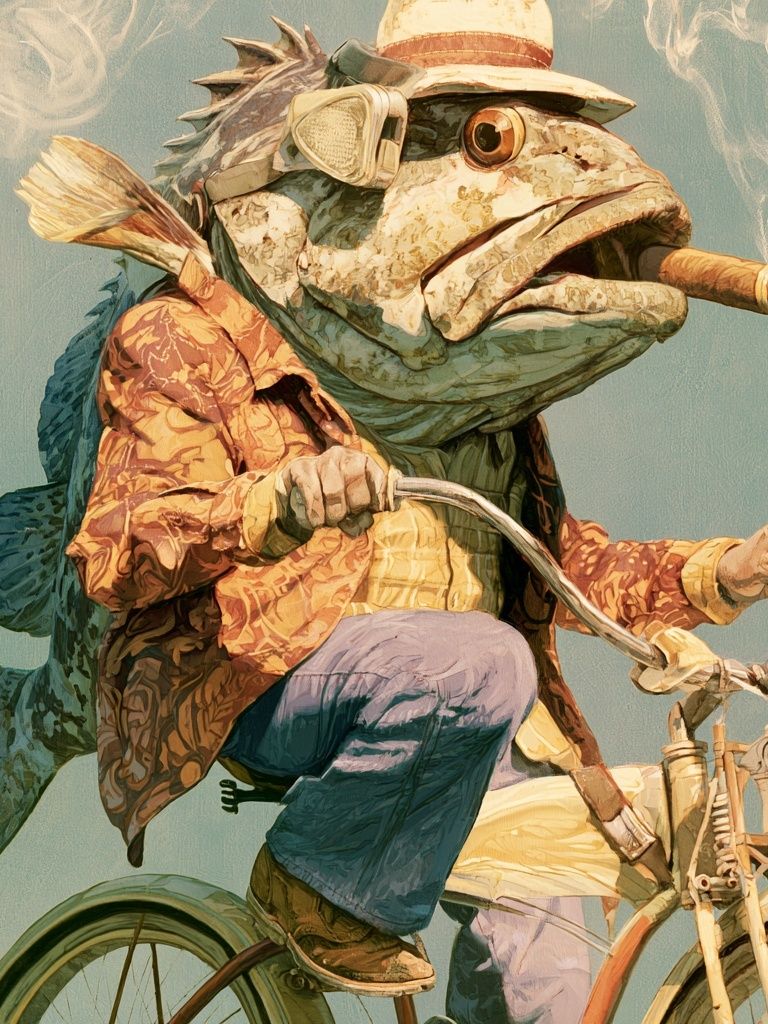 Fish on Bicycle Illustration Poster. poster detail