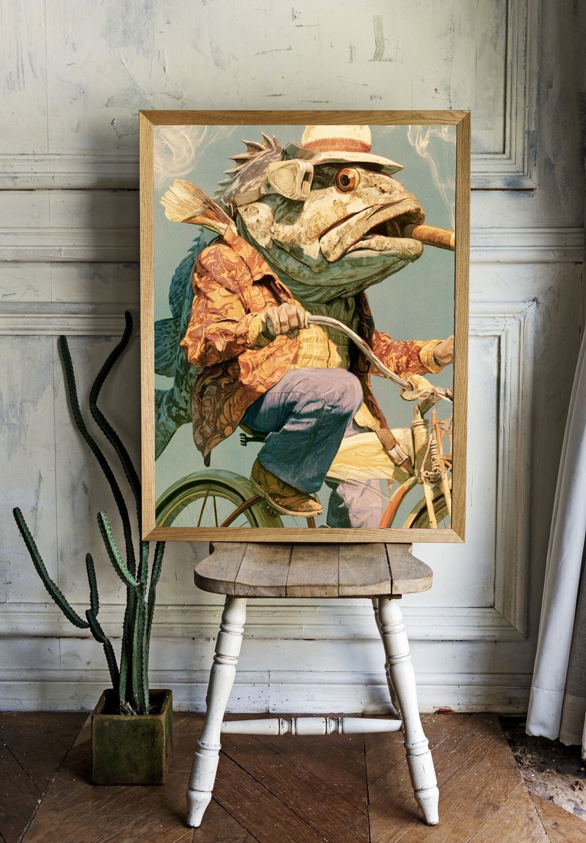 Fish on Bicycle Illustration Poster. — room view 1