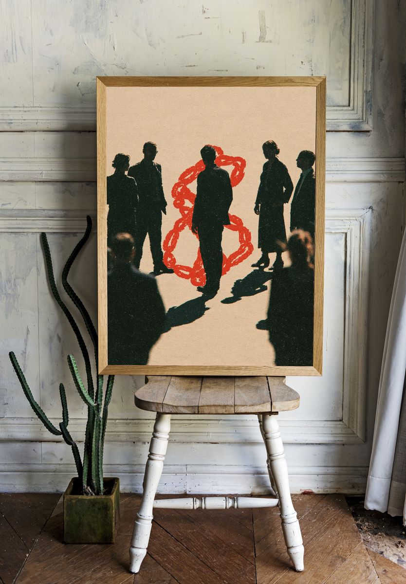 Silhouetted Crowd with Red Chain Print. room preview