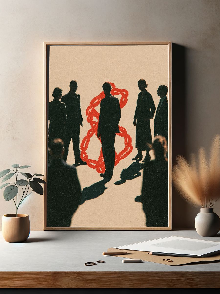 Silhouetted Crowd with Red Chain Print. — room view 2