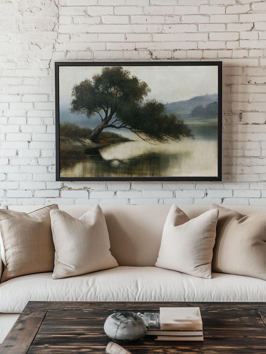 Misty Lakeside Tree Fine-Art Print. room preview