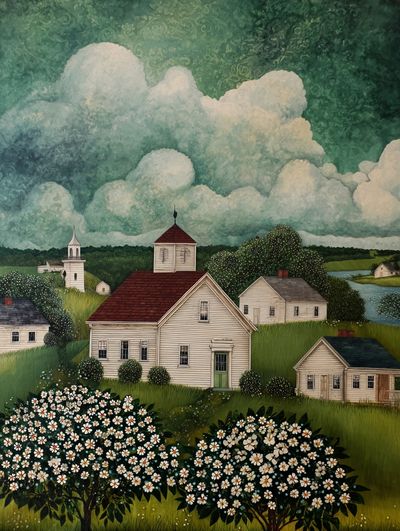 Countryside Village Landscape Print. poster