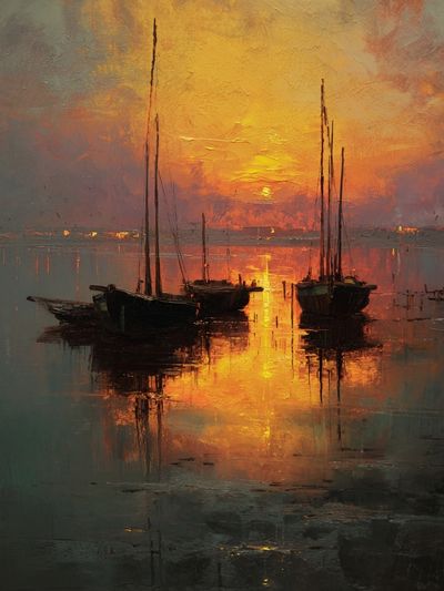 Sunset Sailboats Impressionist Poster. poster print