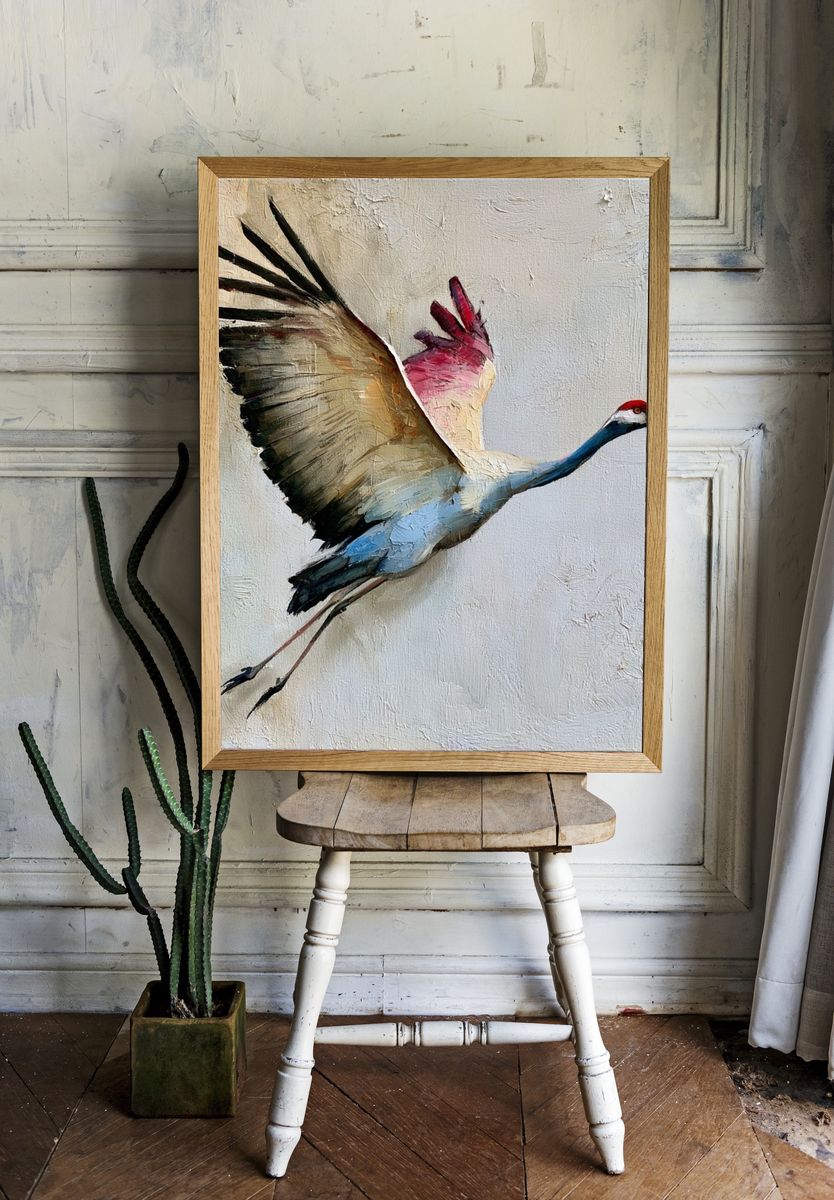 Crane in Flight Fine-Art Poster. — room view 1