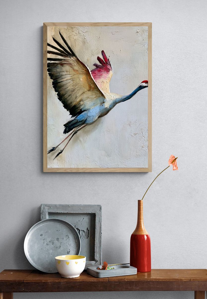 Crane in Flight Fine-Art Poster. — room view 3