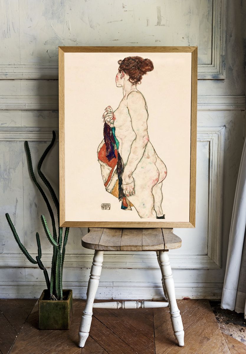 Standing Nude woman Patterned Robe. room preview