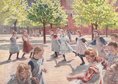 Children Playing in Courtyard Impressionist Poster. poster print