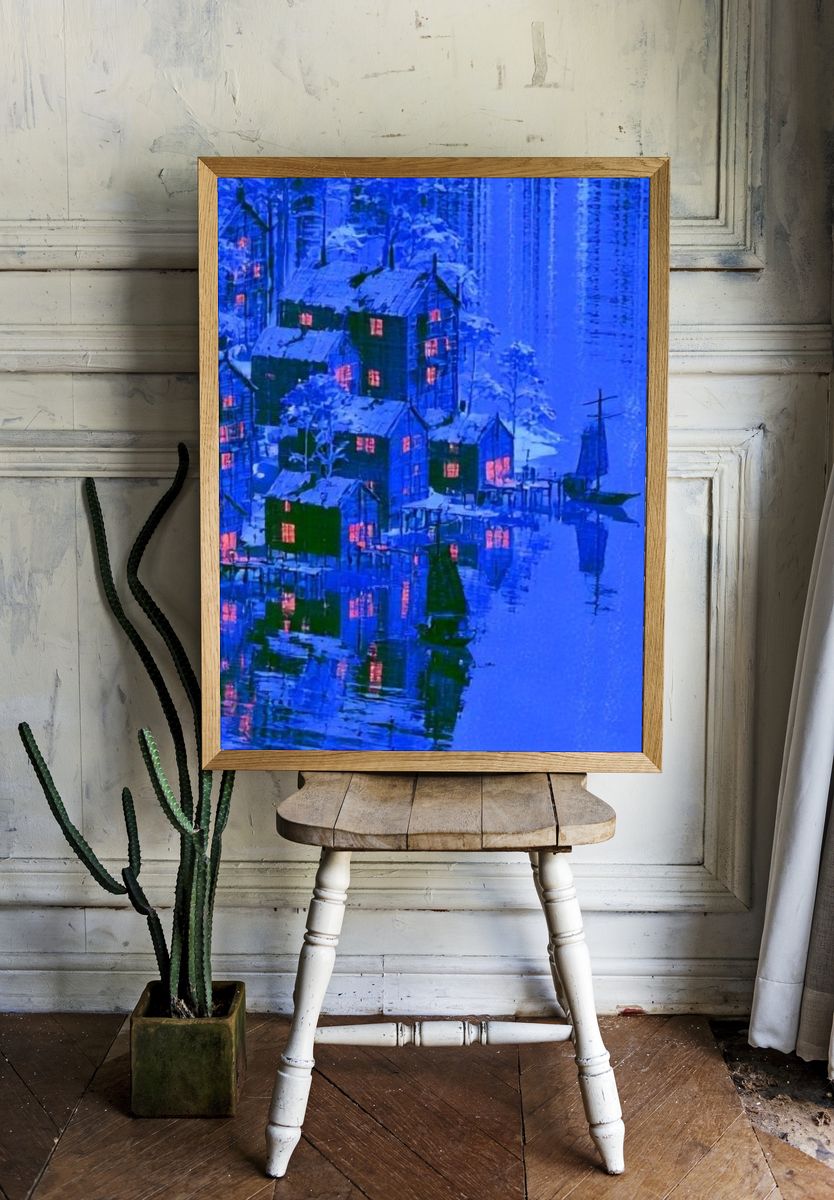 Snowy Lakeside Village — Fine-Art Print. — room view 1