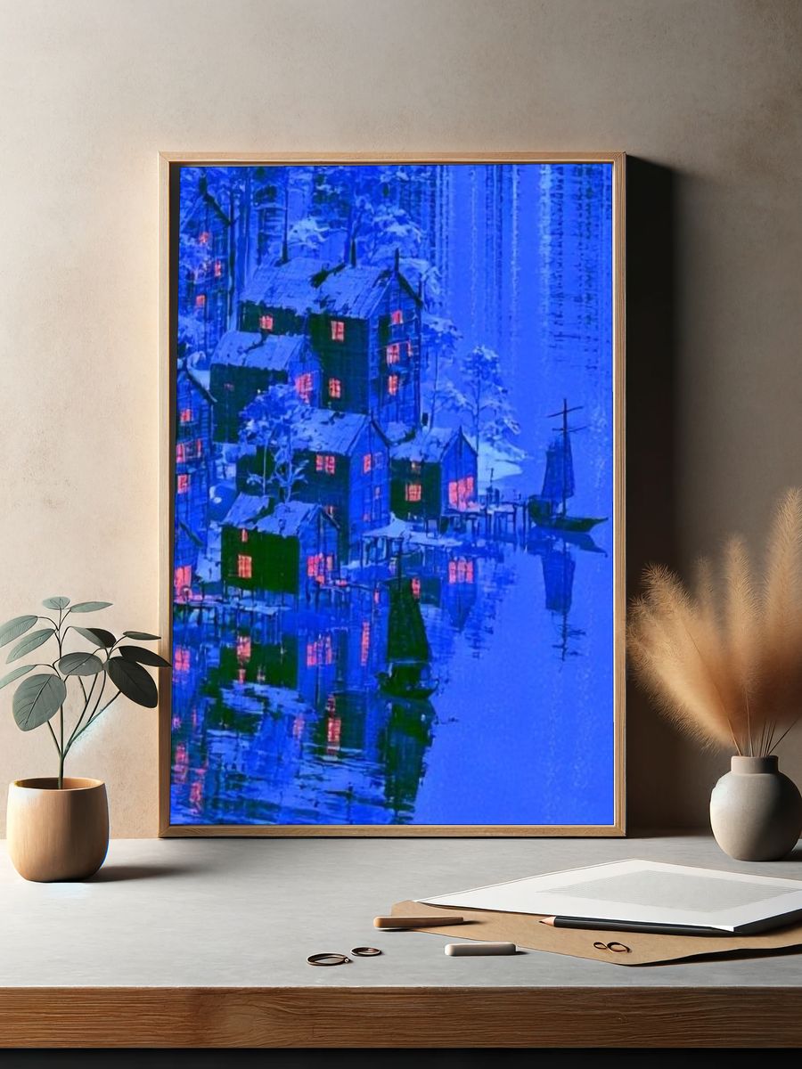 Snowy Lakeside Village — Fine-Art Print. — room view 2