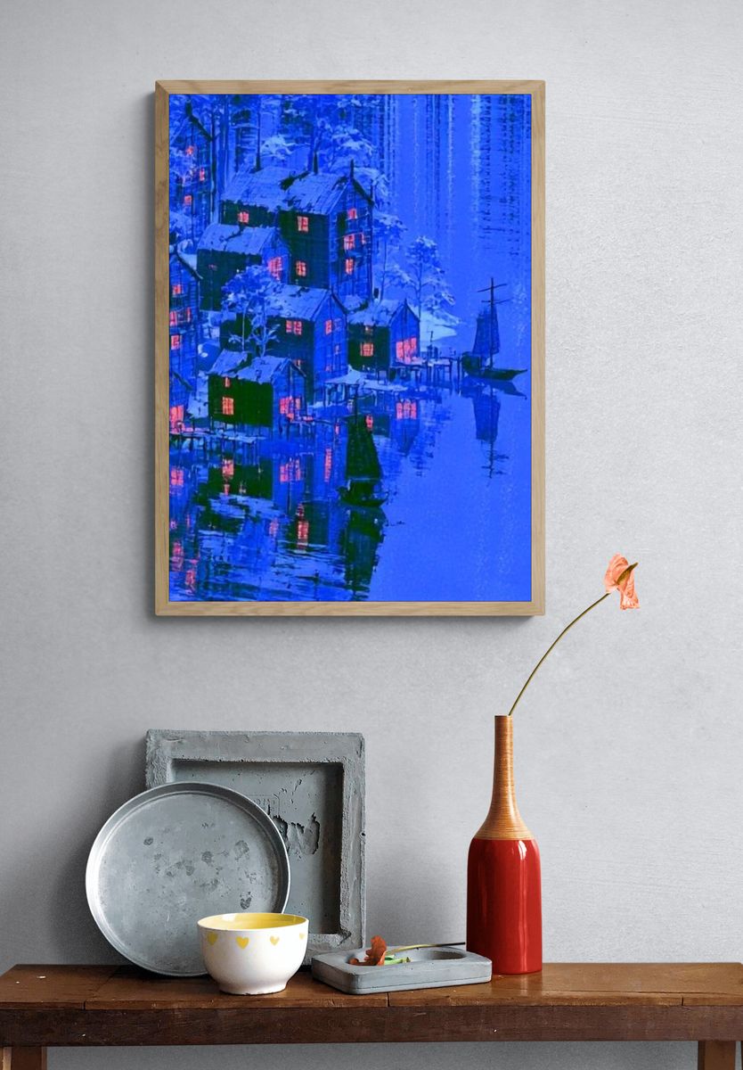 Snowy Lakeside Village — Fine-Art Print. — room view 3