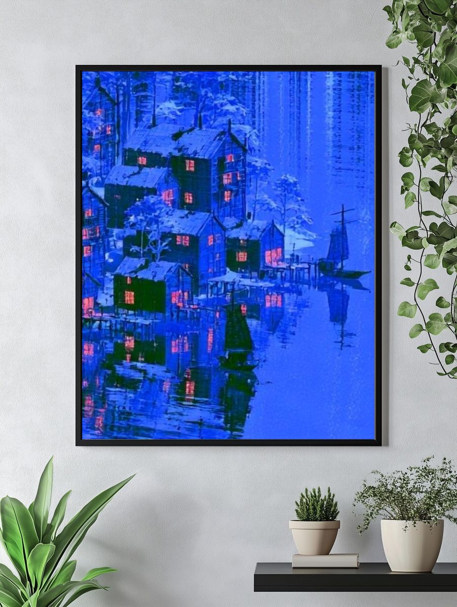 Snowy Lakeside Village — Fine-Art Print. — room view 4