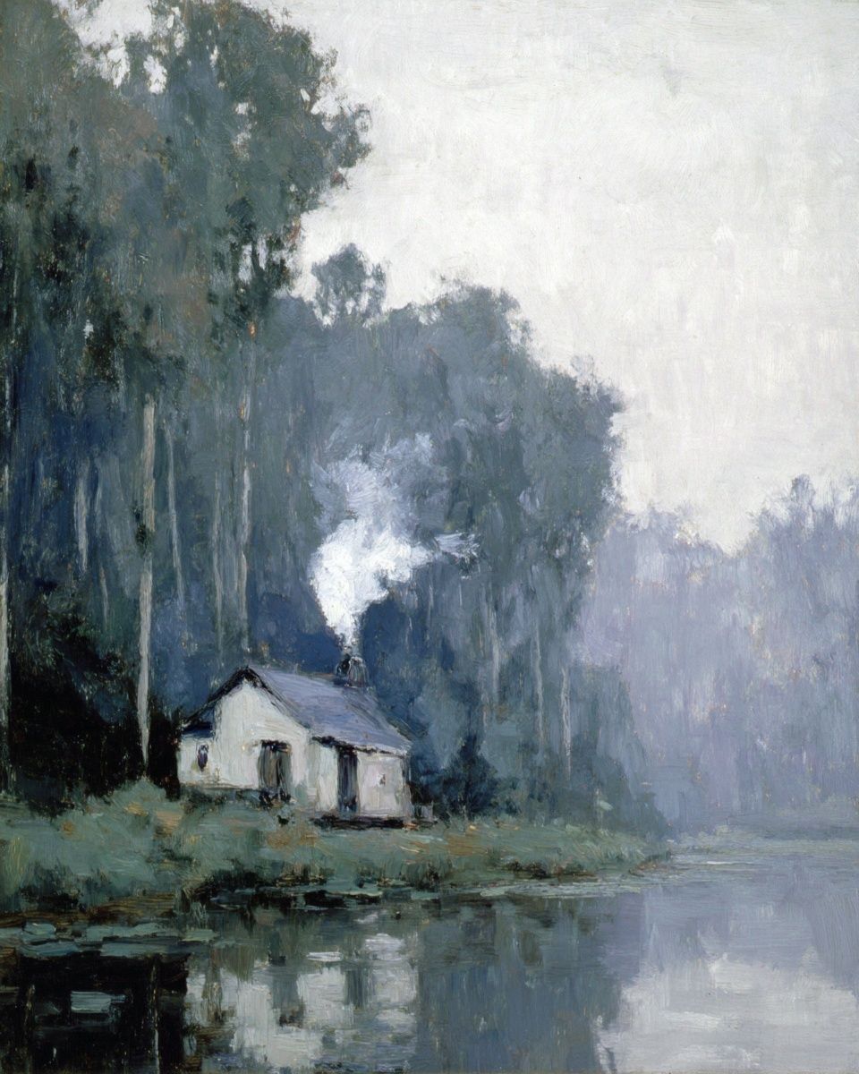 Misty Lakeside Cabin Impressionism Poster. poster — fine-art art