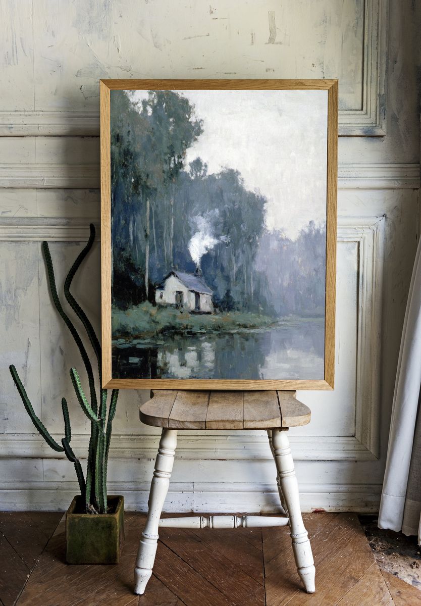 Misty Lakeside Cabin Impressionism Poster room preview