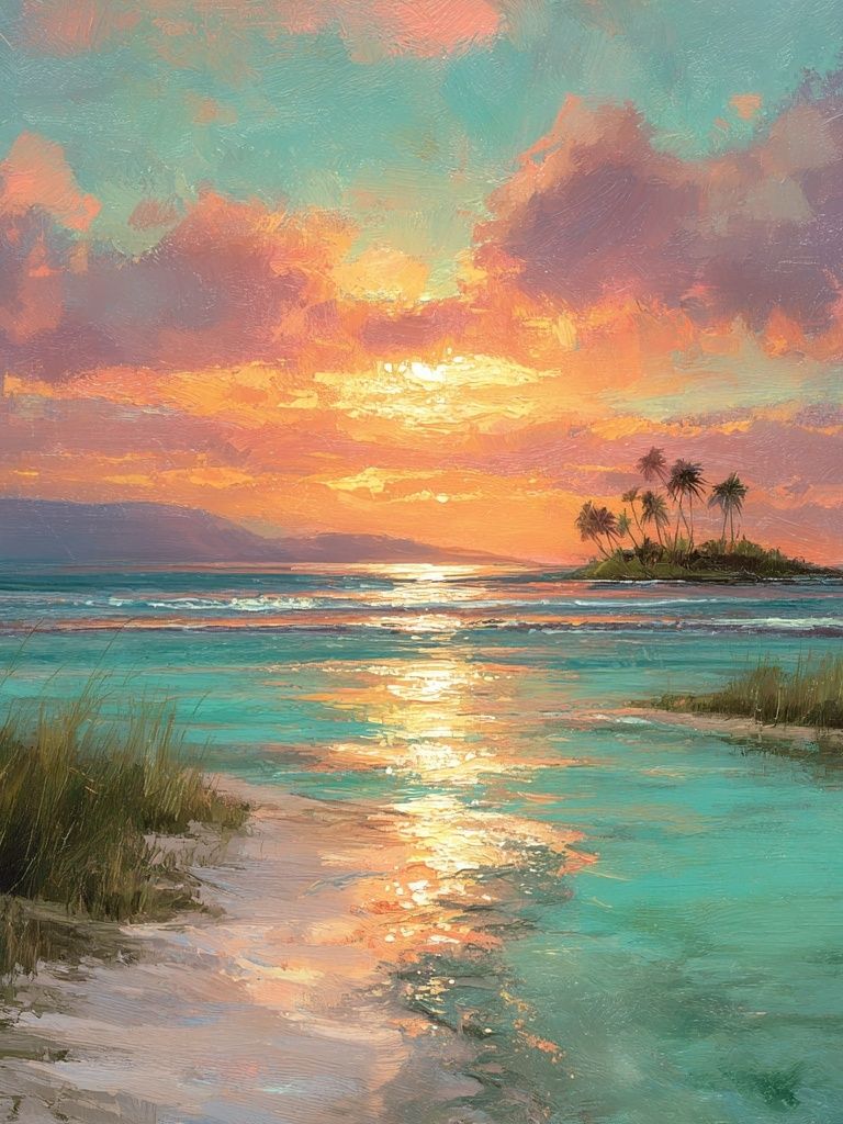 Tropical Sunset Island Impressionist Poster. poster detail