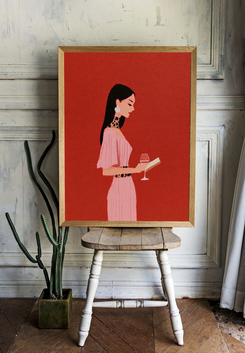 Elegant Woman with Wine — Fashion Illustration Print. room preview
