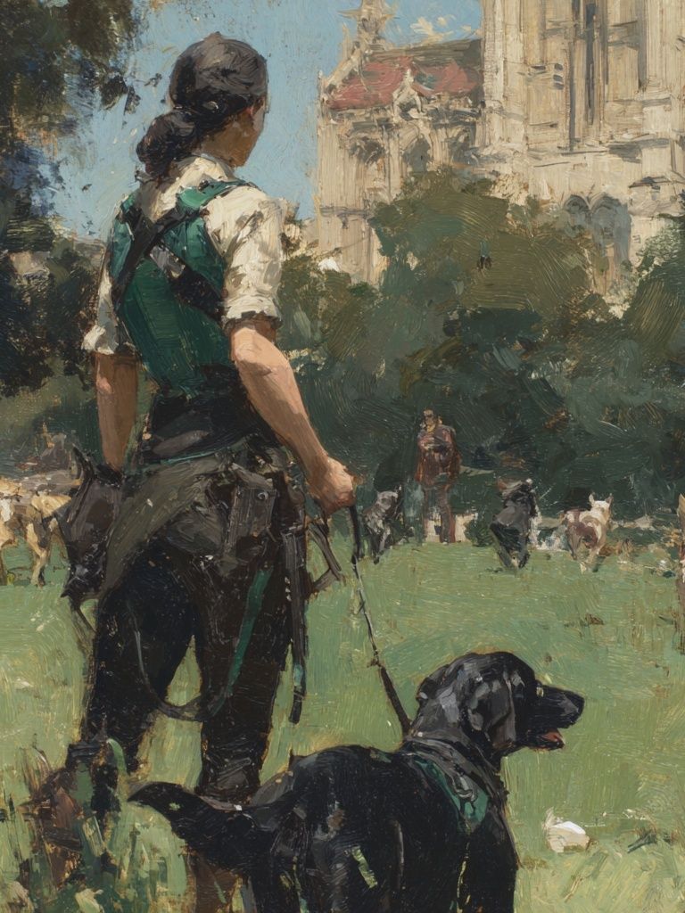 Dog Walker in Park Impressionist Print. poster detail