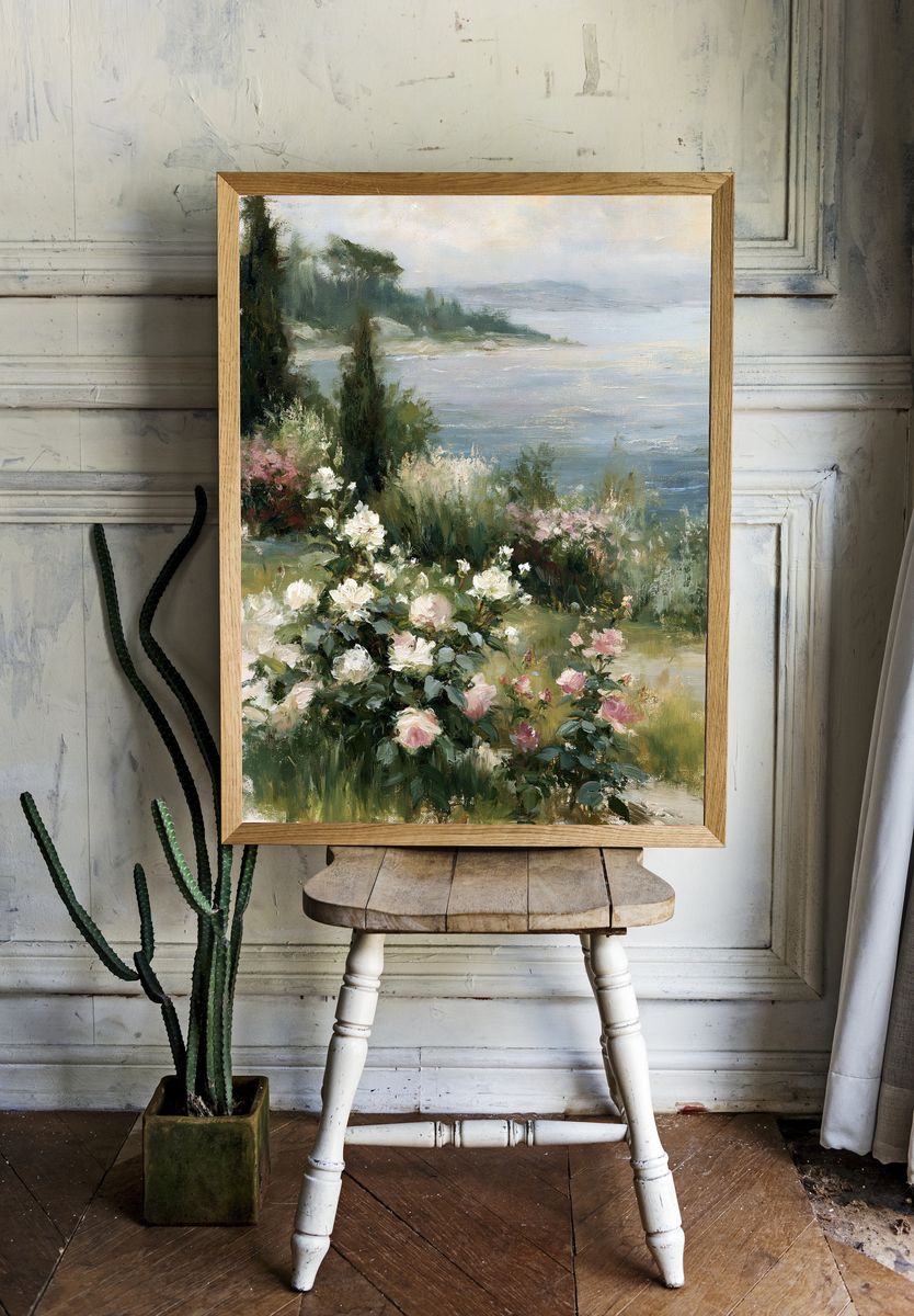 Coastal Roses Impressionist Print. room preview