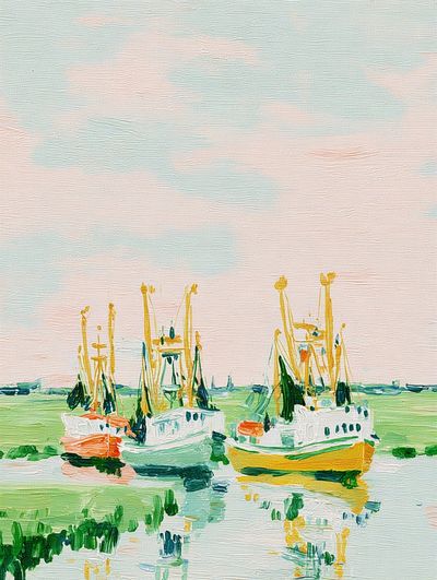 Fishing Boats Harbor Impressionism Poster. poster print