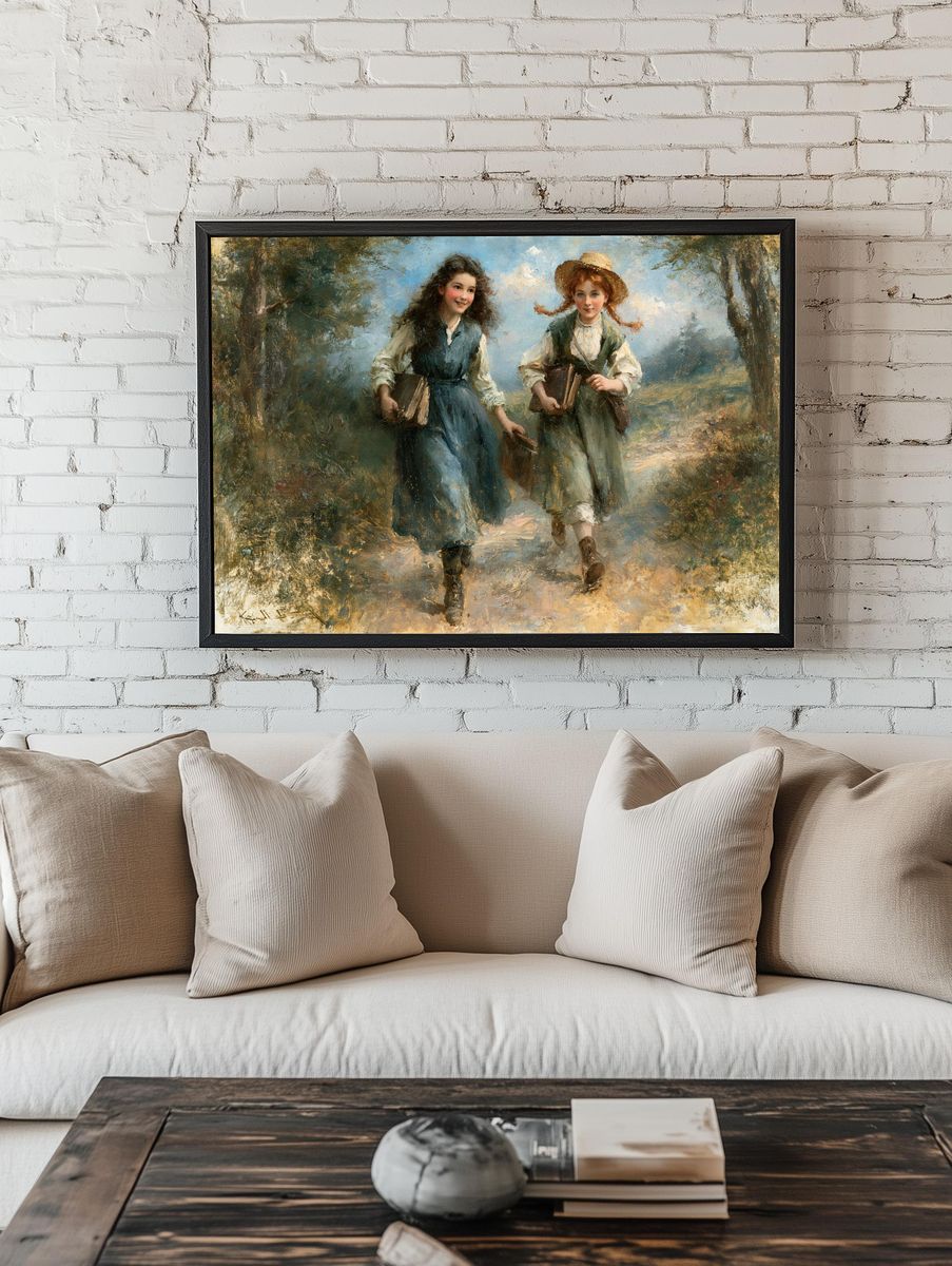 Girls Walking with Books Print. — room view 1