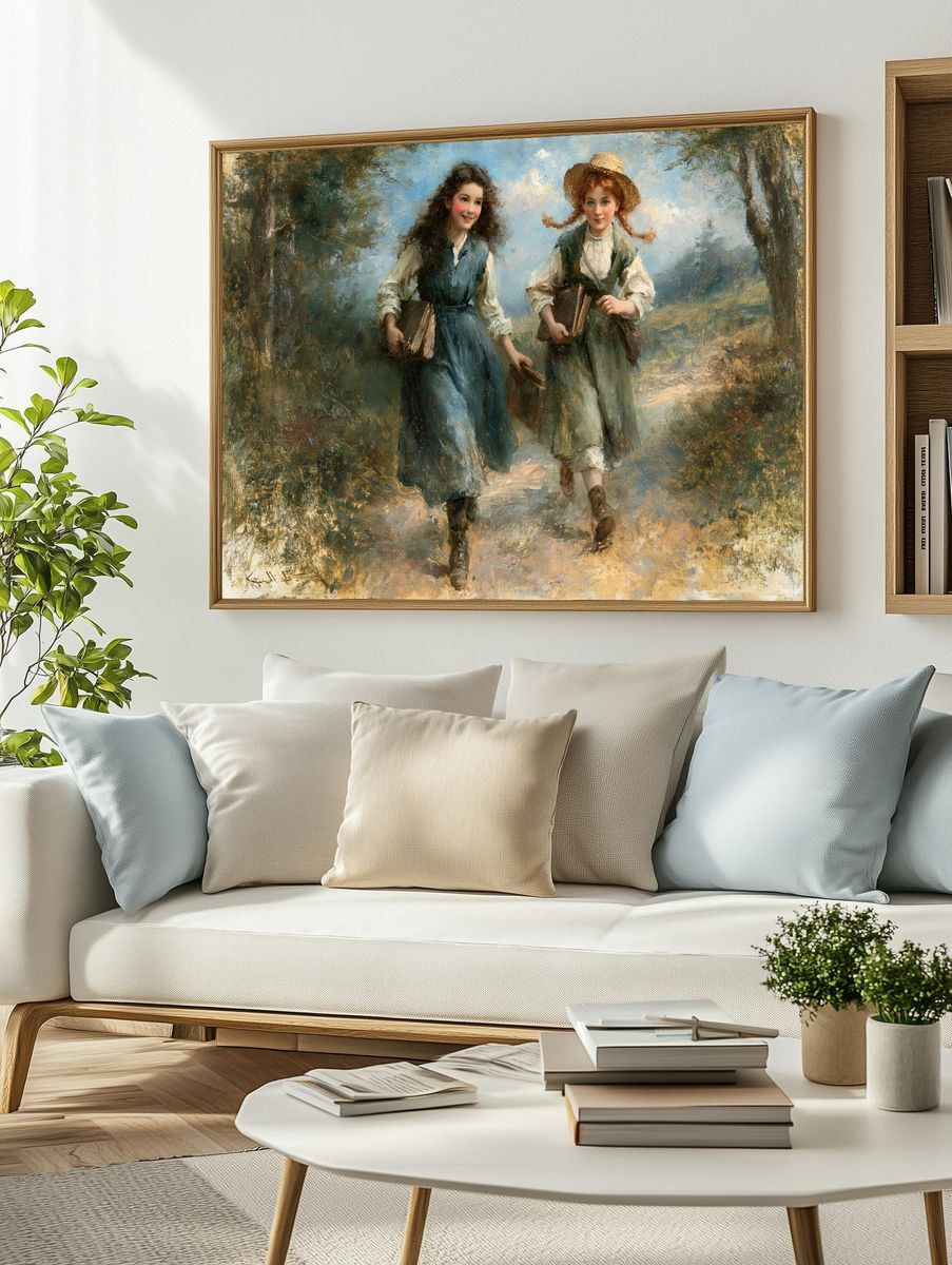 Girls Walking with Books Print. — room view 2