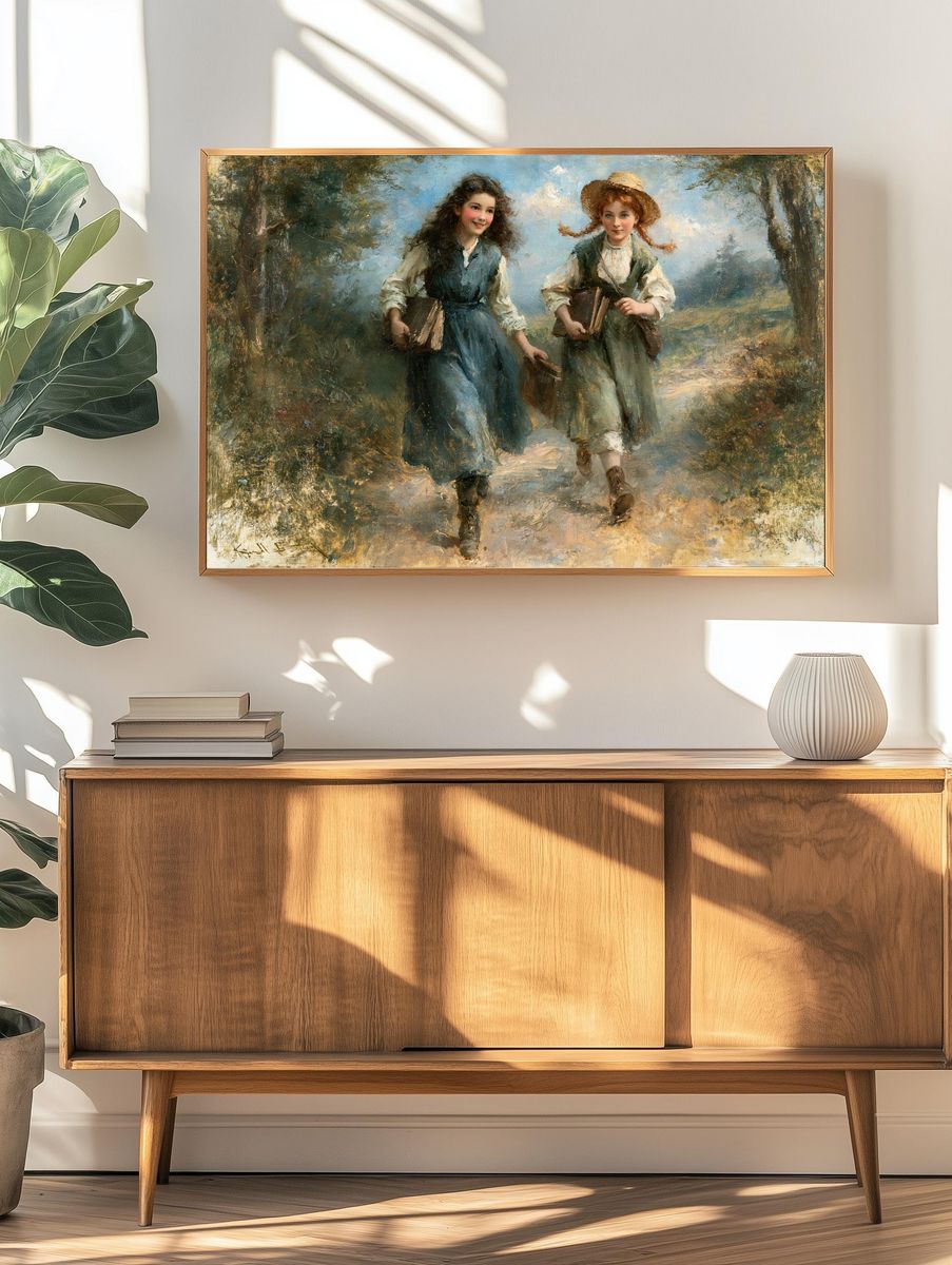 Girls Walking with Books Print. — room view 3