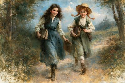 Girls Walking with Books Print. poster