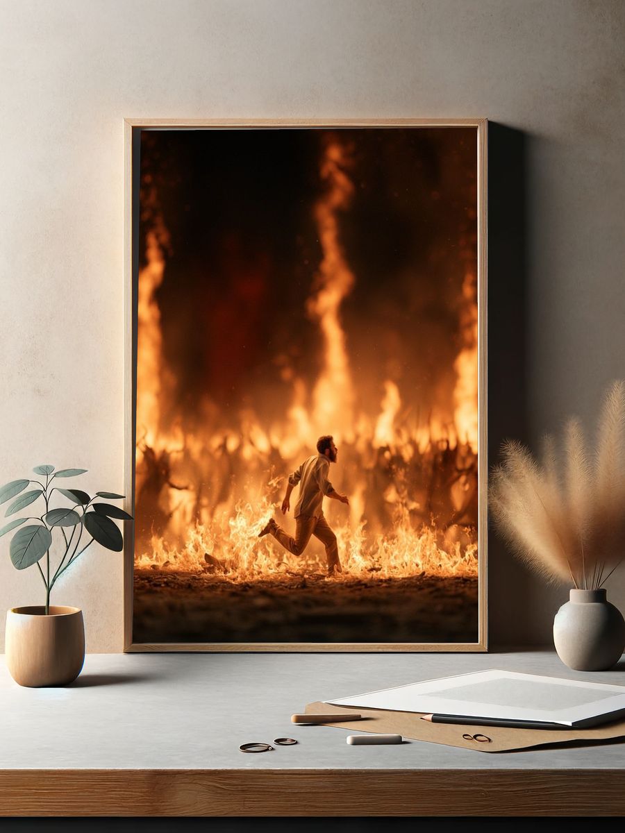 Man Running Through Fire Poster. — room view 2