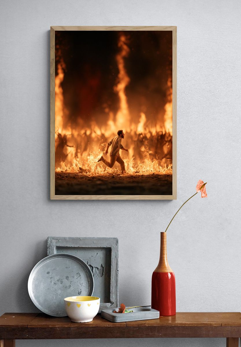 Man Running Through Fire Poster. — room view 3