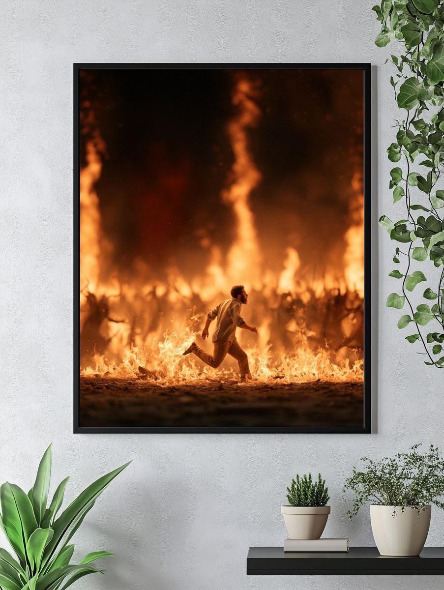 Man Running Through Fire Poster. — room view 4