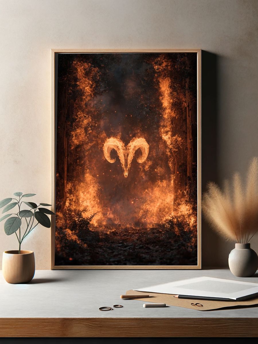 Fiery Ram Symbol — Digital Art Print. — room view 2