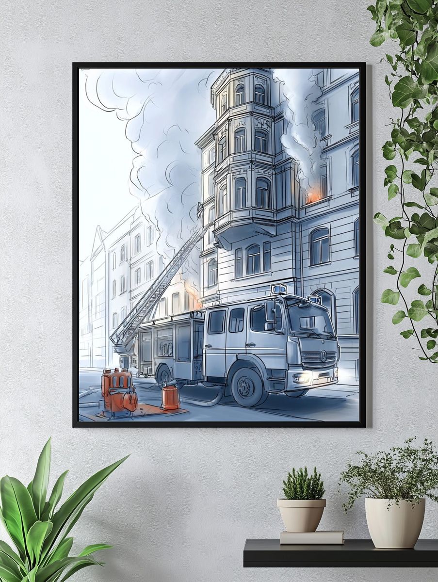 Fire Truck City Rescue Illustration Poster. — room view 4