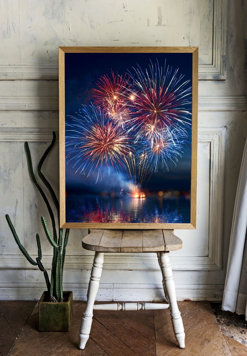Fireworks Over Water Photography Poster. room preview