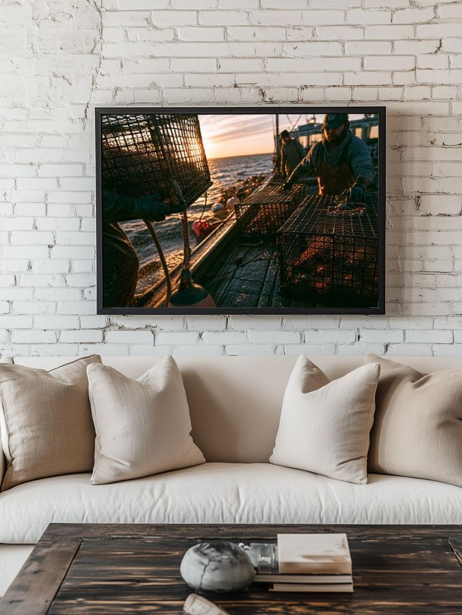 Fishing Boat at Sunset Photography Poster. — room view 1