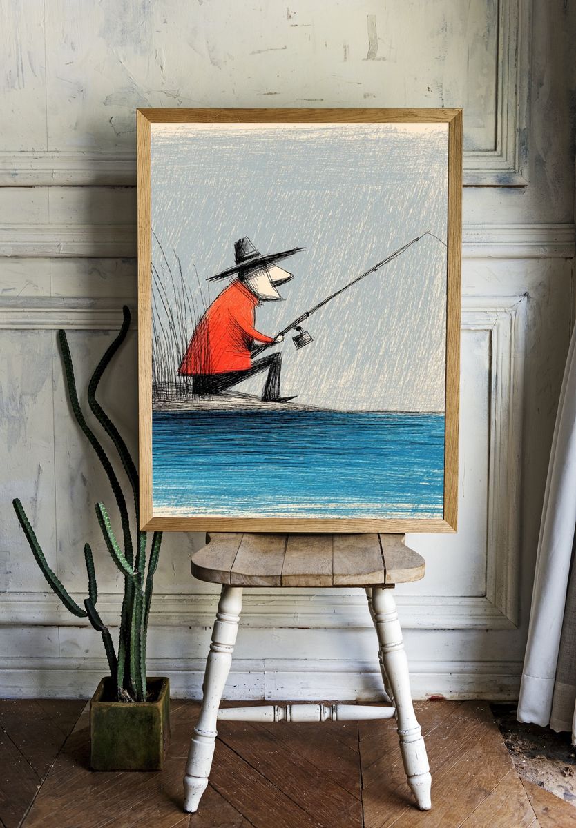 Fisherman by the Water Illustration Poster room preview