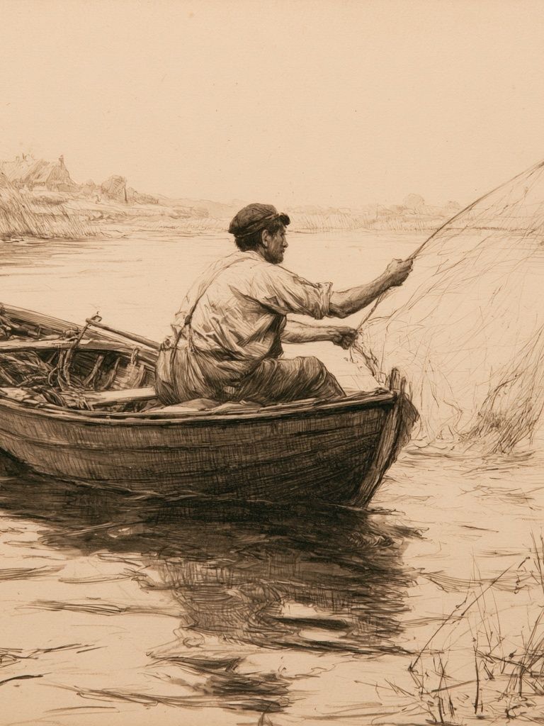Fisherman on the River Sketch Print. poster — fine-art art