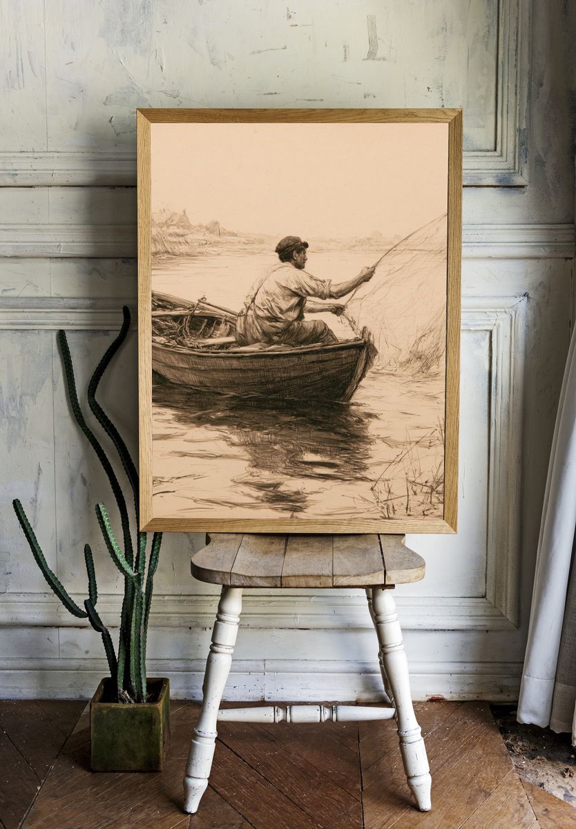 Fisherman on the River Sketch Print. — room view 1