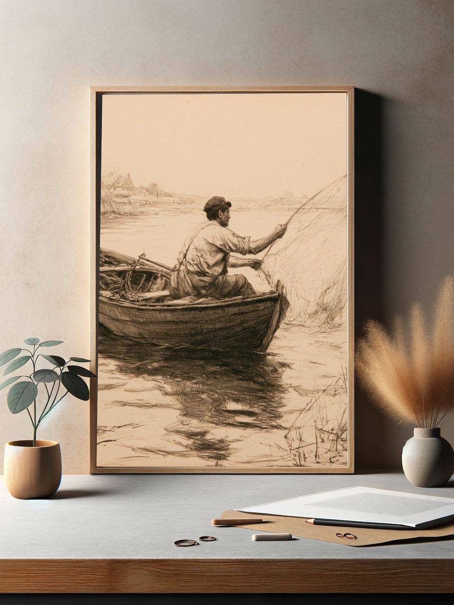 Fisherman on the River Sketch Print. — room view 2