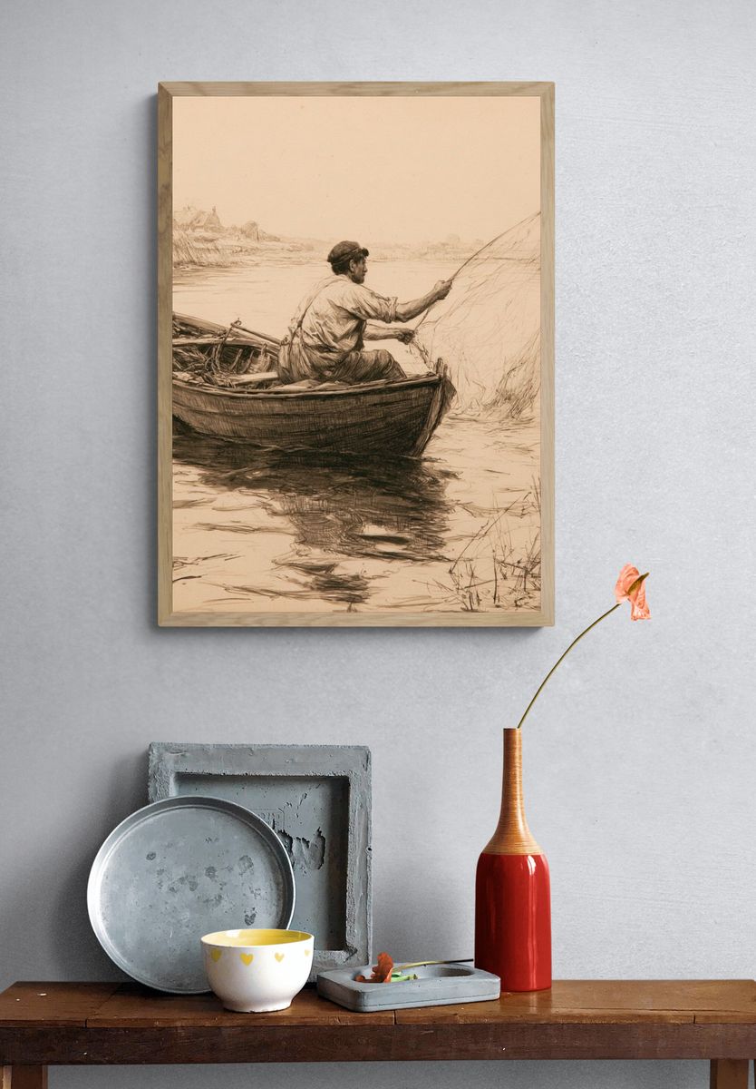 Fisherman on the River Sketch Print. — room view 3