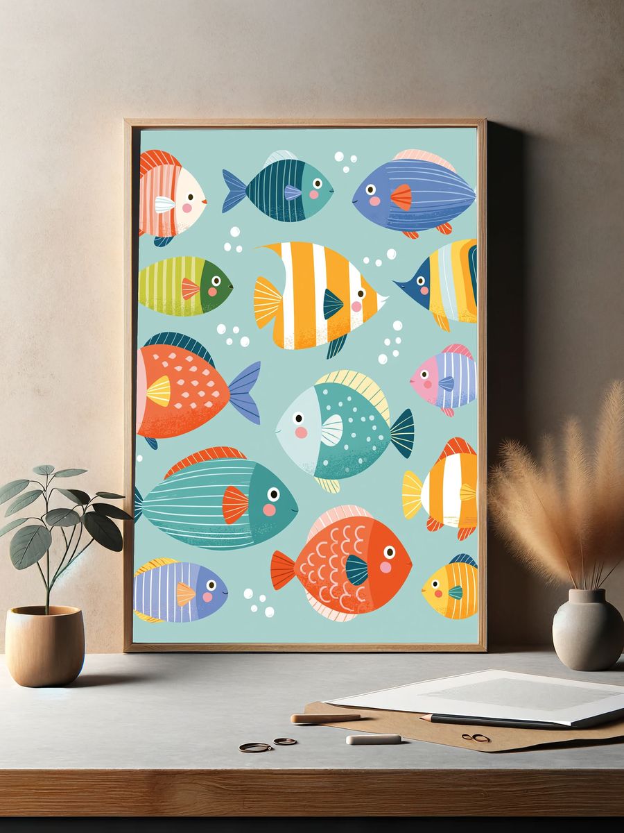 Playful Fish Pattern Illustration Poster. — room view 2