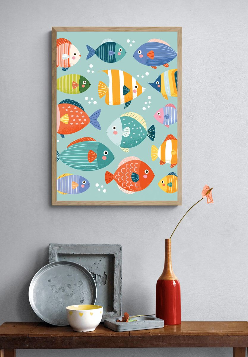 Playful Fish Pattern Illustration Poster. — room view 3