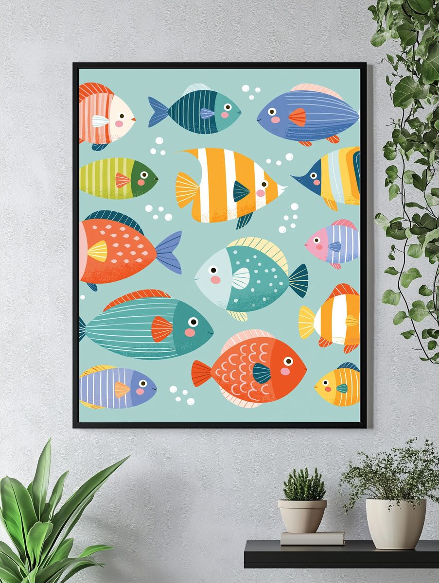 Playful Fish Pattern Illustration Poster. — room view 4