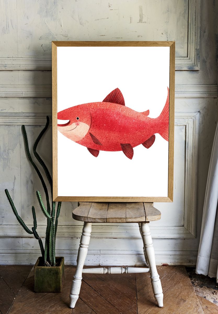 Happy Salmon Illustration Poster. room preview