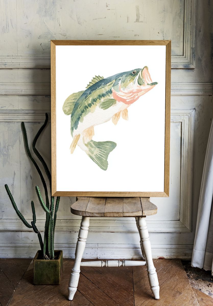 Largemouth Bass Watercolor Print. room preview