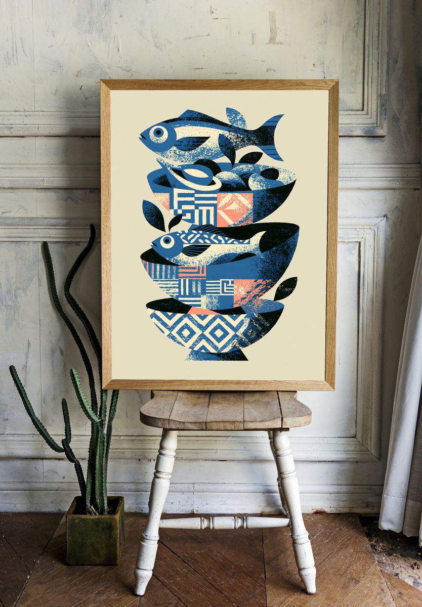 Blue Fish Still Life Print. room preview