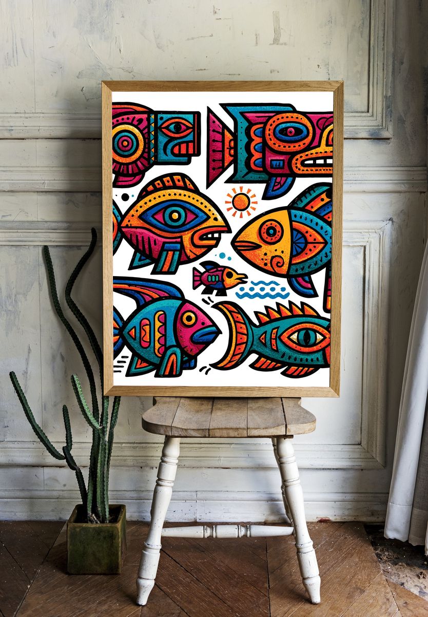 Colorful Fish Folk Art Poster. — room view 1