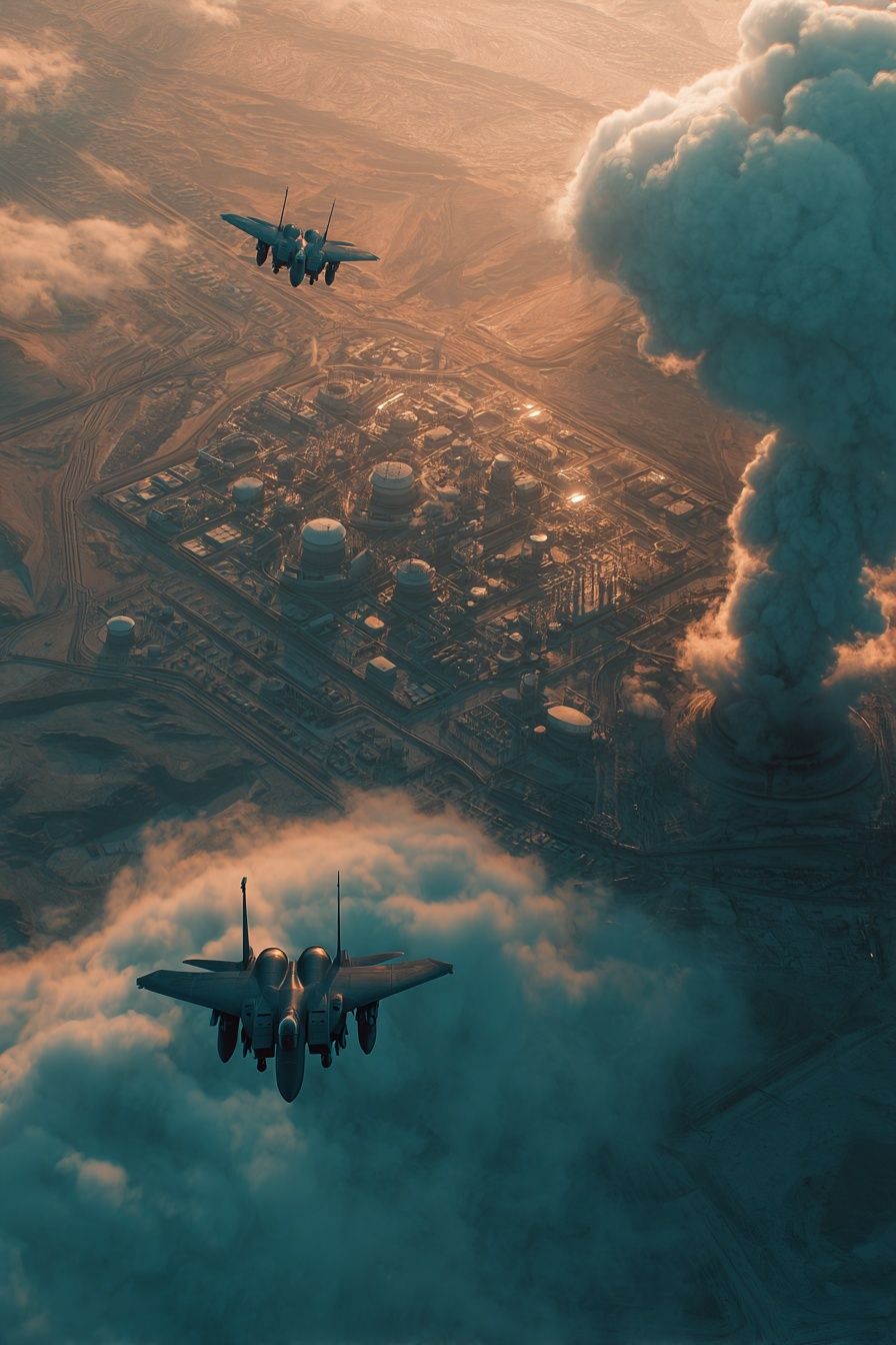 Fighter Jets Over Industrial Landscape — Photography Print. poster — photography art