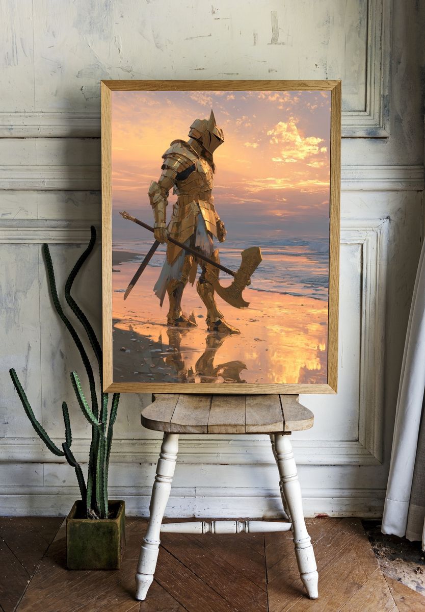 Golden Knight at Sunset — Fantasy Print room preview