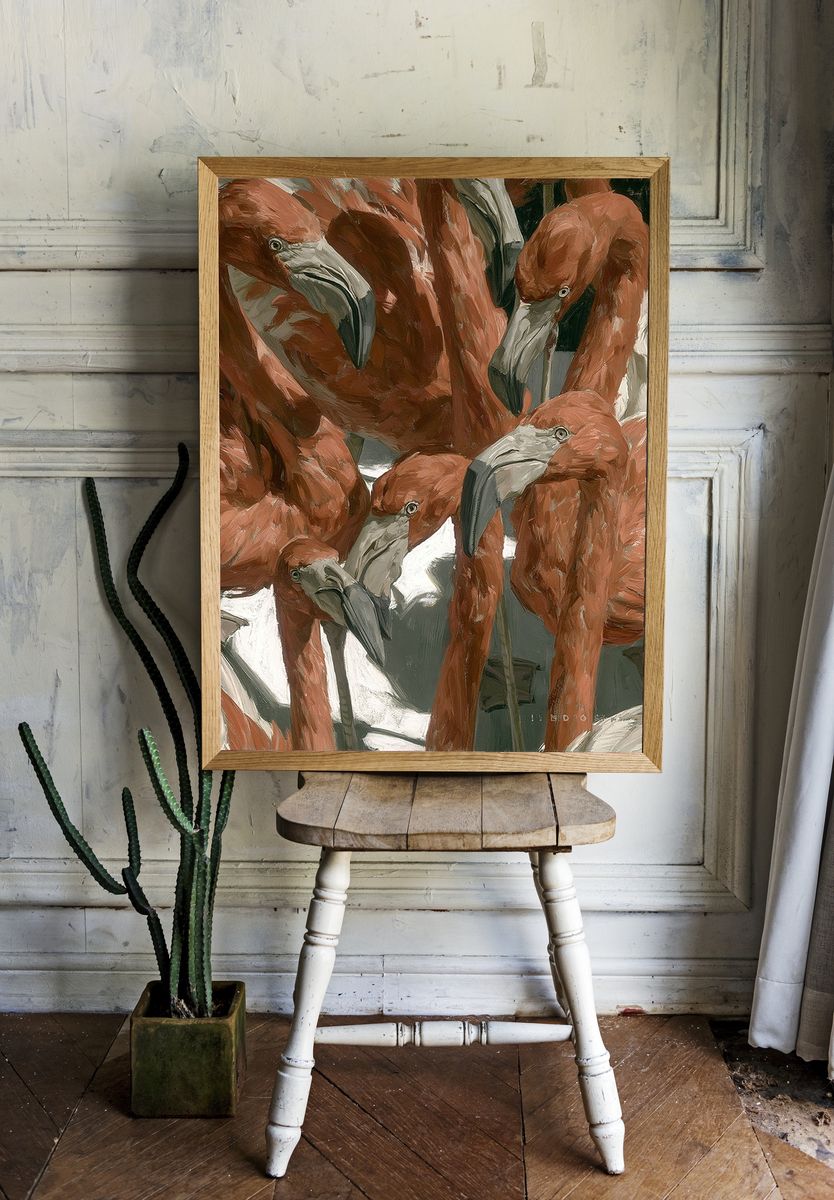 Flamingo Flock Illustration Poster. — room view 1