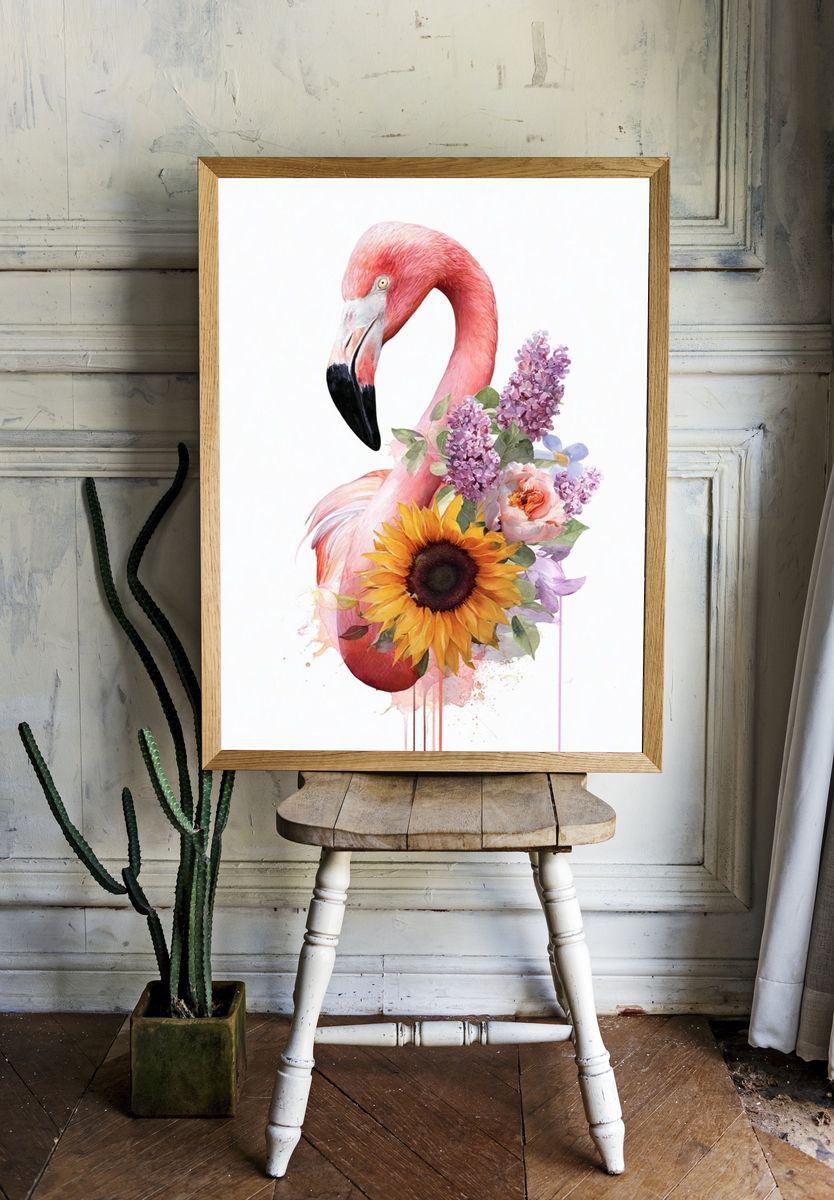 Floral Flamingo Watercolor Poster room preview